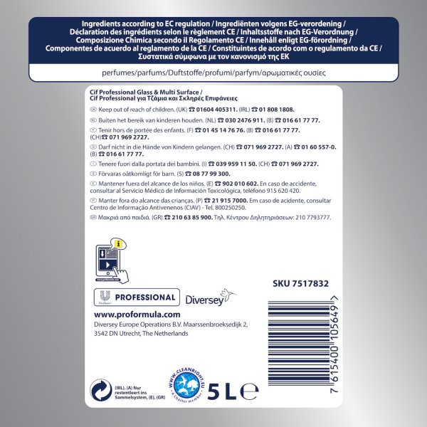 Cif Pro Formula Καθαριστικό Υγρό Τζαμιών - Επιφανειών 2x5L - Κωδ. 08-159-115