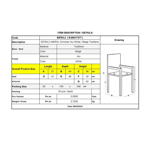 AMIRAL Πολυθρόνα Dining Αλουμίνιο Βαφή Άσπρο Textilene Μπεζ