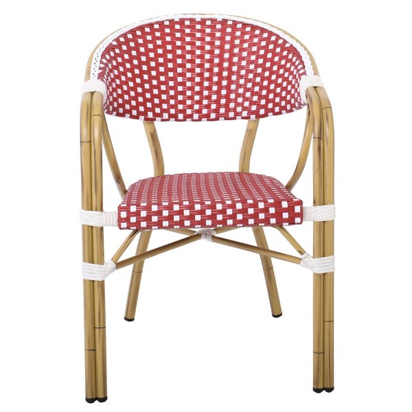 PARIS Πολυθρόνα Dining Αλουμίνιο Φυσικό, Wicker Άσπρο - Κόκκινο, Στοιβαζόμενη